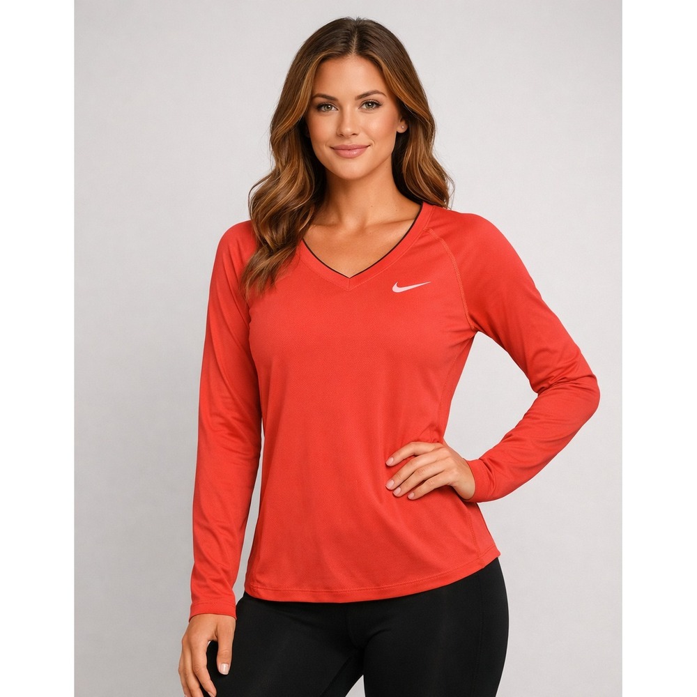 Nike Pro Women's Dri-Fit Active Red Long Sleeve Shirt V-Neck Size Medium